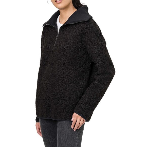 NEW ELLE Looped Fleece Sweater 1/4 Zip Pullover Pockets Collar Blk - L - Picture 2 of 12
